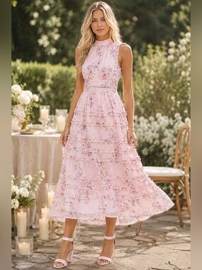 Lulus Happily Sweet Eden Light Pink Floral Sleeveless Ruffle Chiffon Midi Dress